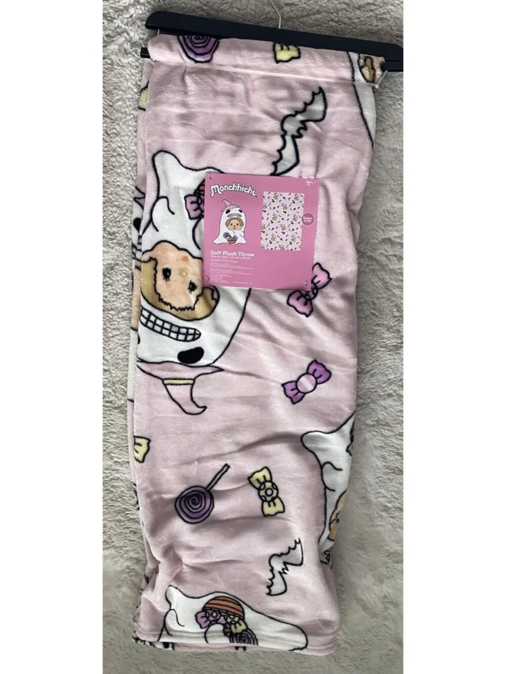 Halloween Candy Ghost Monchhichi Pink Soft Plush Throw Blanket 50” X 70” NEW